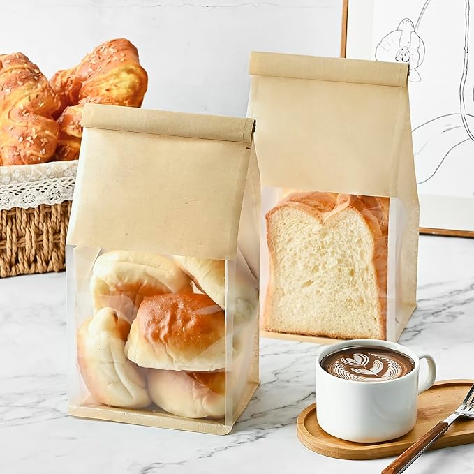 100 PCS Bread Bags for Homemade Breads, 11 x 5.1 x 3.9 Inches Brown Kraft Paper Bakery Bags with Tin Tie Tab Lock Sourdough Bread Bags with Window Baked Foods Packaging