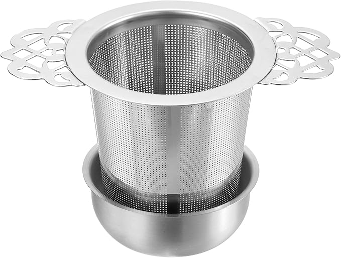 uxcell 1 Pcs Tea Infuser Filter with Handle, Drip Bowl, Fine Mesh Loose Tea Steeper, Stainless Steel Tea Strainer for Brew Loose Leaf Tea, Silver