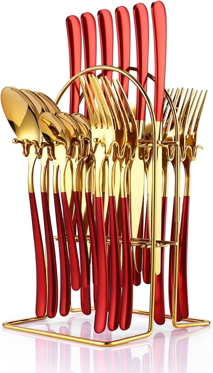 Caliamary 24 Pieces Silverware Set, Stainless Steel Flatware Set with Silverware Holder Spoons Forks Knives Set,Utensils Set Service for 6,Cutlery Set for Kitchen (Red), 9.6inch