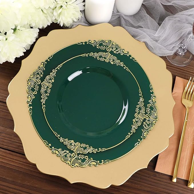 8" Salad Plates -Set of 10 - Plastic Hunter Green Round Baroque Disposable Chargers Leaf Embossed Rim, Ideal for Dinner Party Wedding Bulk Events