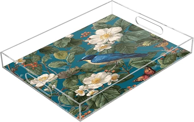 Serving Tray with Handles Clear Acrylic Tray 12x16 Inch Decorative Rectangular Tray Organizer for Ottoman Coffee Table Bathroom Vintage Blue Bird Flowers Butterflies