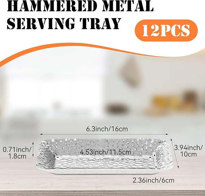 12 Pcs Hammered Metal Serving Tray 6.3 x 3.94 Inch Rectangle Stainless Steel Silver Tray Decorative Storage Platter for Vanity Plate Jewelry Dish Tea Fruit Platter Kitchen Bathroom Storage