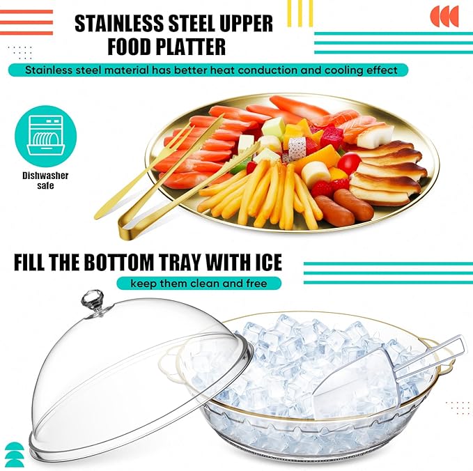 Baderke 11.8" Chilled Serving Tray for Parties with Compartments and lid Ice Chilled Party Platter Charcuterie Serving Board Cold Dish Dip for Fruit Seafood Vegetable Shrimp Cocktail(Gold,1 Pcs)