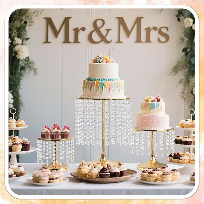 Metal Mirror Cake Stand Set with Crystal Pendants - Elegant Dessert Table Display for Weddings, Birthday Parties, Baby Showers, Events - Sturdy Crystal Bling Cupcake Stands for Pastries, Sweets, Decorations (Gold, Set of 3)