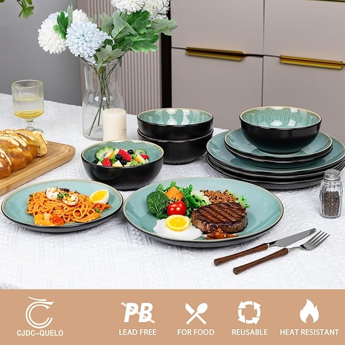 Plates and Bowls Sets for 4 - CJDC-QUELO 16-Piece Stoneware Dinnerware Sets, Ceramic Dishware Set for Kitchen Use and Formal Dining, Chip and Scratch Resistant Microwave Dishwasher Safe, Green