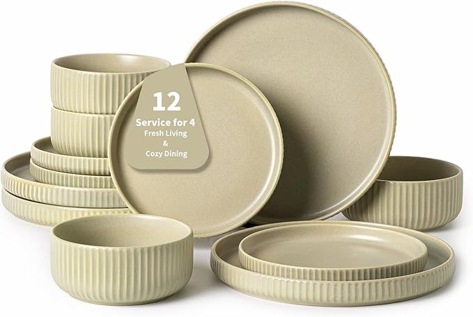 Dinnerware Sets for 4,Microwave Safe Plates and Bowls Sets,12 Piece Dylan Dish Set,Reactive Glaze Stoneware Dinnerware Set (Matte Reactive Glaze-Sage Green, Service for 4 (12pcs))