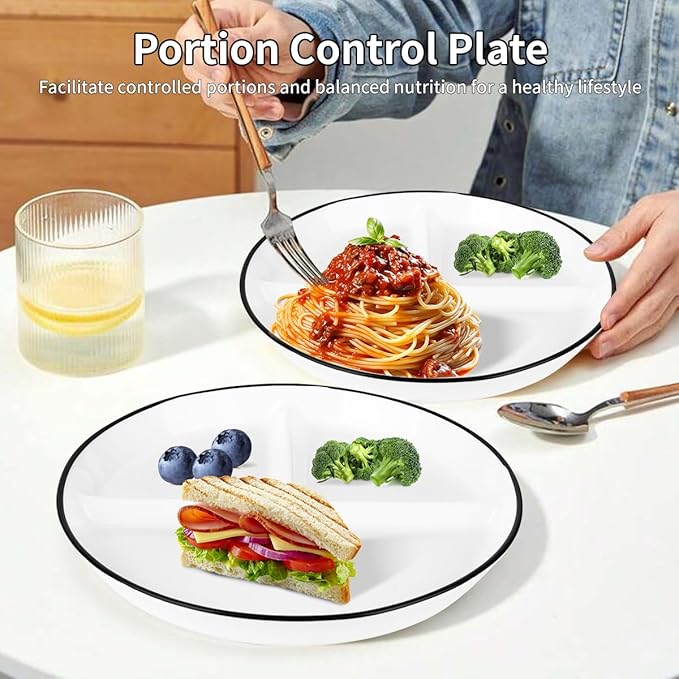 Ceramic Divided Plates Set of 4Pcs, 8 Inch Portion Control Plate, Reusable Bariatric Plate for Adults, 3 Compartment Plates, White Dinner Plates for Balanced Meal, Microwave, Dishwasher Safe