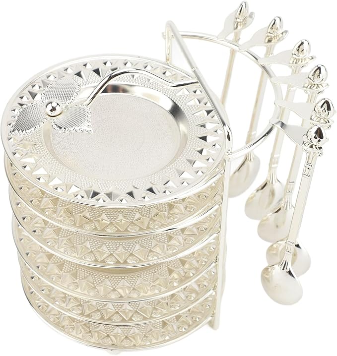 GLOGLOW European Style Food Plate, Zinc Alloy Serving Tray with Spoon for Steaks Pasta Fruits Snacks, Elegant Design for Parties and Gatherings (Silver)