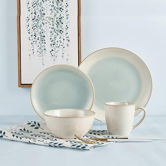 16-Piece Stoneware Dinnerware Set, Dish Set, Tableware Combination Set, Elegant White/Blue Serveware Set Service for 4, Including Dinner Plate, Desert Plate, Cereals Bowl, Mugs