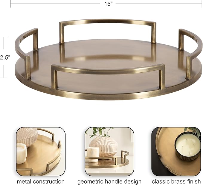 Kate and Laurel Gohana Round Tray with Metal Handles, 16 Inch Diameter, Antique Brass, Modern Glam Serving Tray with Handles for Use as Ottoman Topper or Living Room Decor