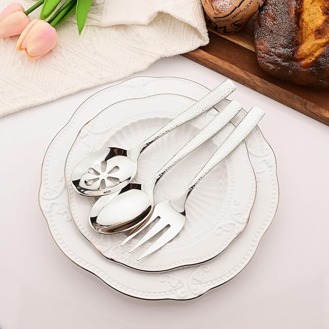 6 PCS Hammered Serving Utensils, Uniturcky Stainless Steel Serving Spoons Set, Square and Thick Hostess Serving Set, Includes 2 Serving Spoon 2 Serving Fork and 2 Slotted Spoon, Mirror Silver