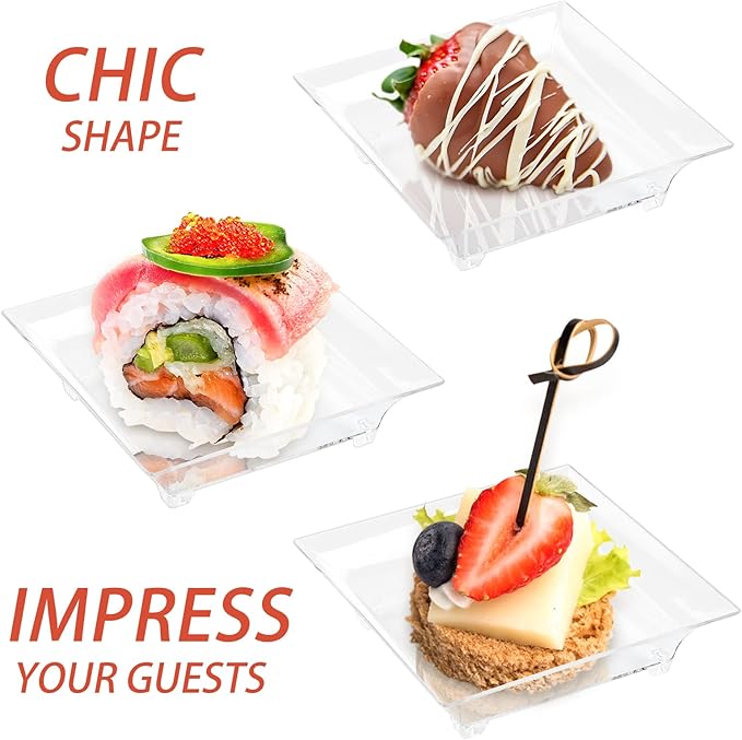 Qeirudu 100 Pack 1 oz Small Dessert Plates for Appetizers - Mini Plastic Plates with Spoons Reusable Square Appetizer Bowls Tiny Individual Serving Trays