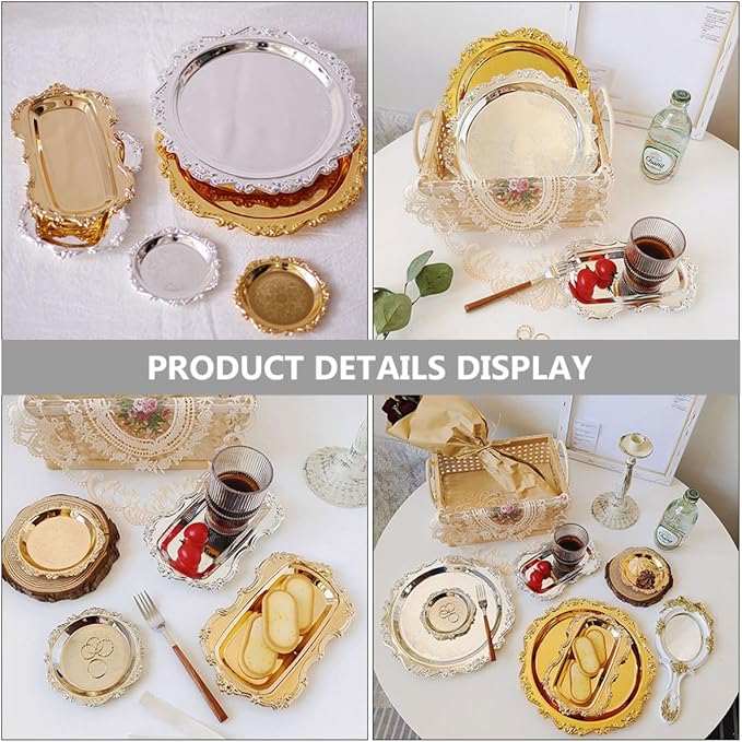 2 Pcs Stainless Steel Food Serving Trays Fruit Plates Dessert Platters Bread Trays Silver and Gold Metal Serving Dishes for Wedding Hotel Party