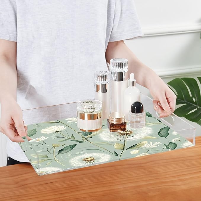Serving Tray with Handles Clear Acrylic Tray 12x16 Inch Decorative Rectangular Tray Organizer for Ottoman Coffee Table Bathroom Sage Green Dandelion