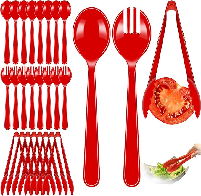 24 Pcs Serving Utensils Set - 8 Tongs, 8 Spoons, 8 Forks | Heavy Duty Plastic Disposable Red Party Supplies for Buffet, Holiday Events Catering Restaurant Dinner Salad Noodles Soup and Daily Use