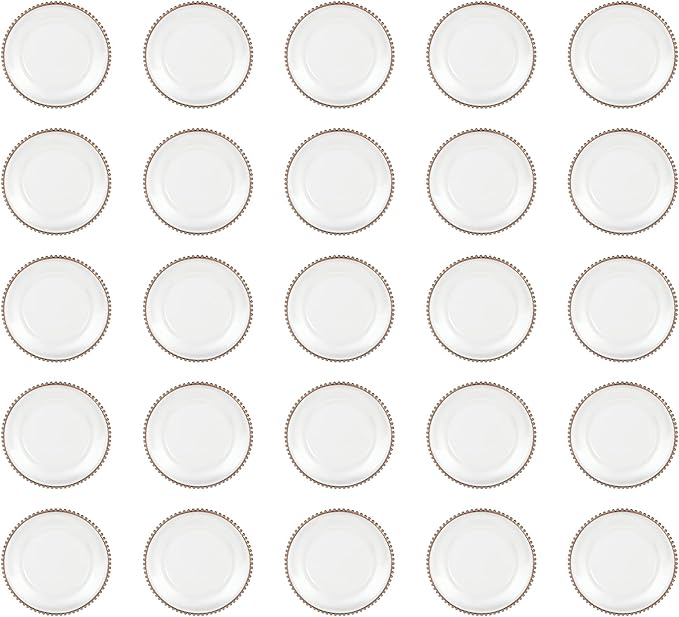 25 Pack Rose Gold Charger Plates – Elegant Round Decorative Plates with Beaded Edge – Clear & Gold Hot-Stamped PS Platters for Weddings, Parties, Banquets – Stackable, Reusable