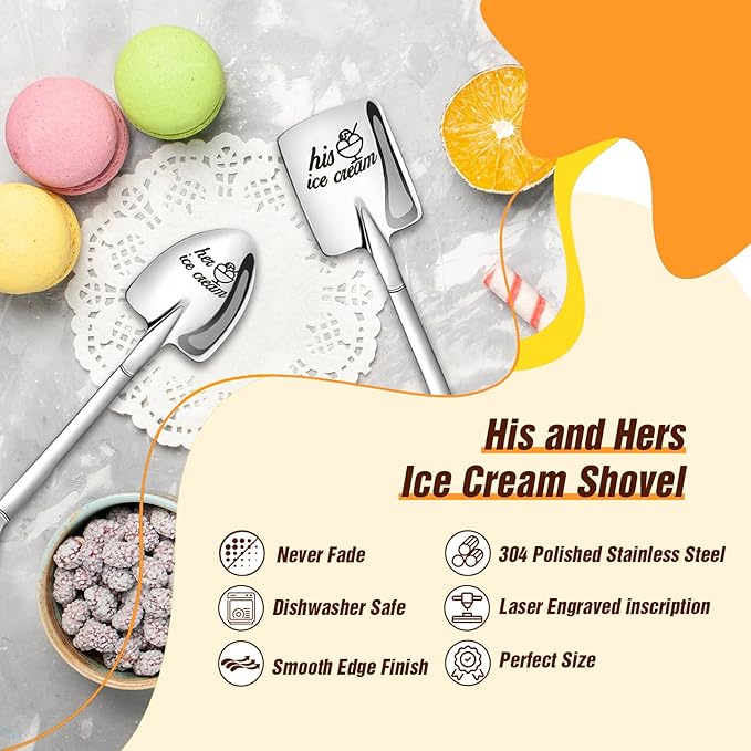 2 Pcs Engraved Ice Cream Shovel Gifts for Couples - His and Hers Stainless Steel Ice Cream Spoons Gifts for Him and Her - Christmas Engagement Anniversary Birthday Gifts for Couple Wife Girlfriend
