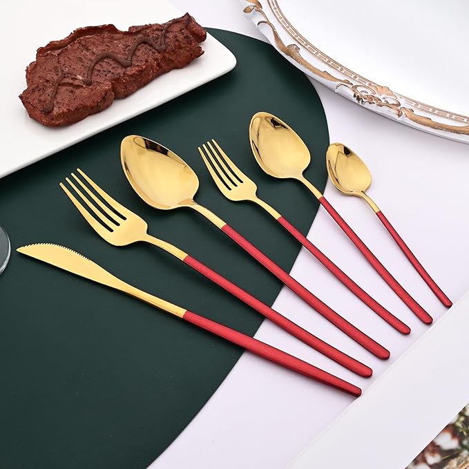 36pcs Silverware Set, 18/10 Stainless Steel Serving Flatware With Curved Handle For 6, Durable Eating Utensils For Home Entertaining, Mirror Polished (Red Gold)