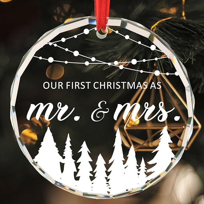 Wedding Gifts for Newlywed Couple Bridal Shower Gifts for Bride 1st Christmas Married Mr and Mrs Gift Just Married Gift for Her Christmas Tree Decoration Glass Round Ornament