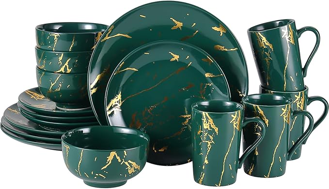 Modern Porcelain 16 Piece Green Dinnerware Set,Plates and Bowls Sets,Gold Dish Set for 4,Green Dinnerware Set,Dinner Sets with Dinner Plates.