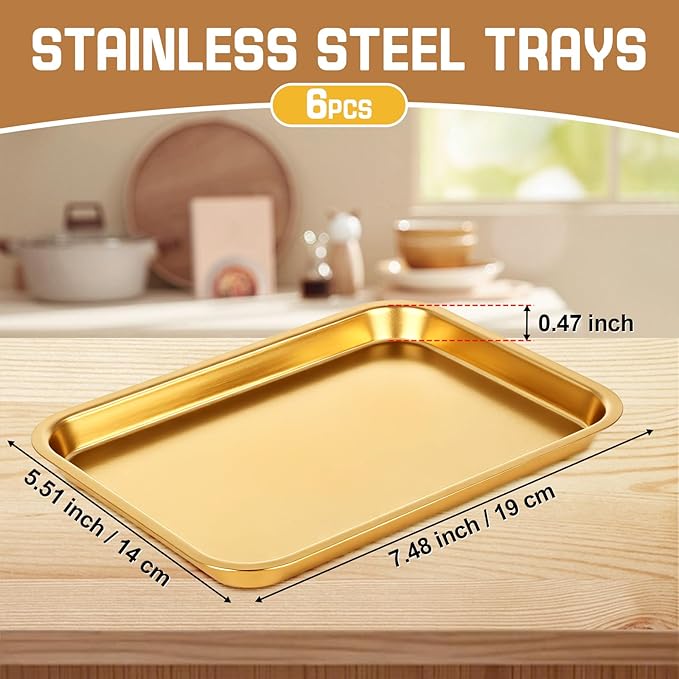 6 Pcs 7.5 x 5.5 Inch Gold Baking Sheets Stainless Steel Baking Pan Tray Cookie Sheet Rectangle Mirror Finish and Rust Free Easy Clean and Dishwasher Safe Bakeware Oven Tray for Roasting