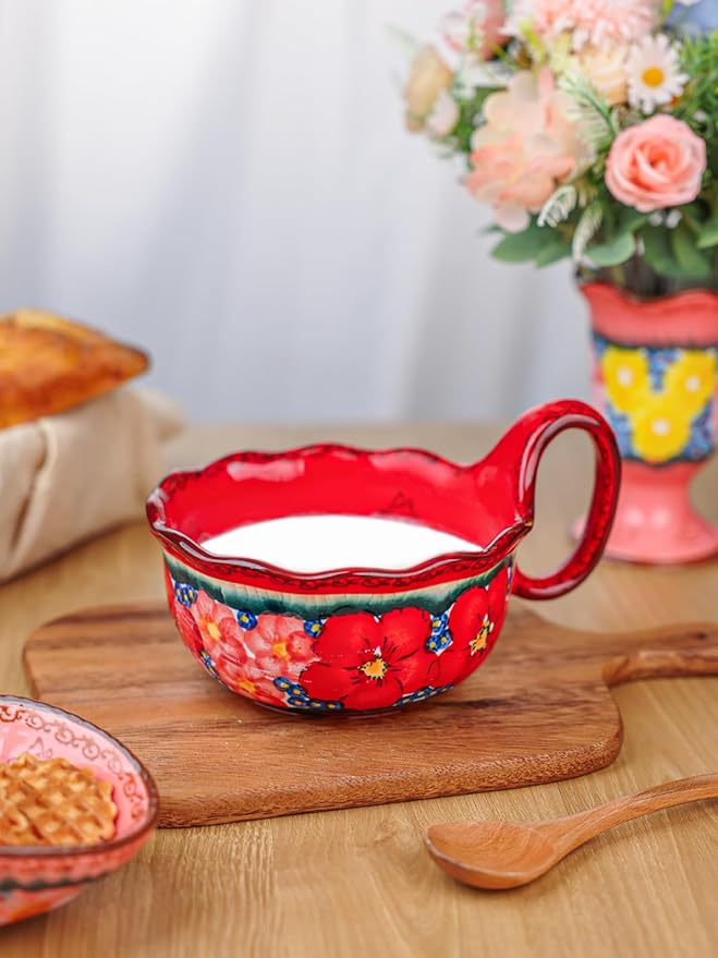 silesia Handmade Ceramic Soup Bowl, 30 oz Hand Painted Bowl with Loop Handle, Floral Design Cereal Bowl for Soup, Ice cream, Snack, Microwave & Dishwasher Safe (Glazed Red)