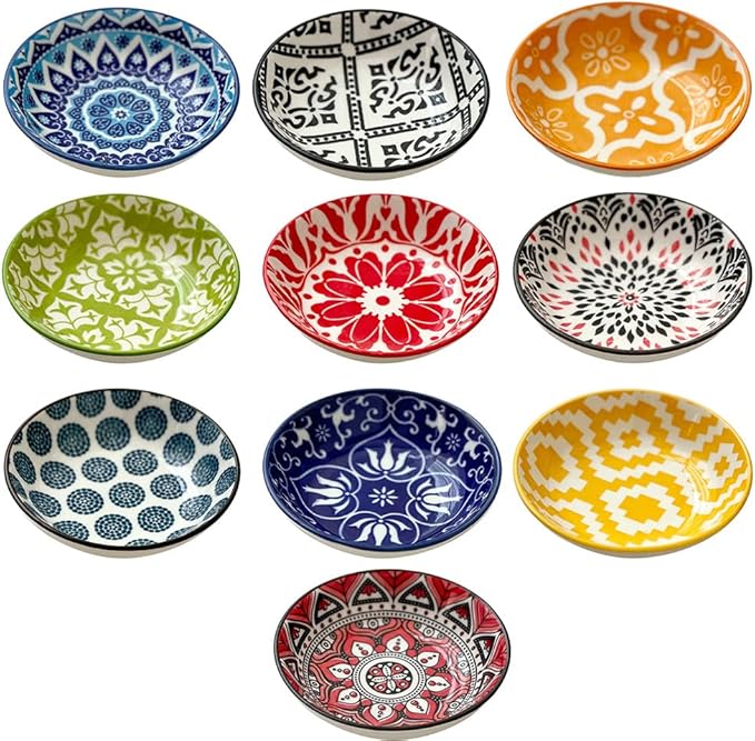 10Pcs Ceramic Seasoning Dishes Set - Bohemian Style Sauce Plates for Home, Kitchen, Restaurant, Sushi Bar, Party & Outdoor Use