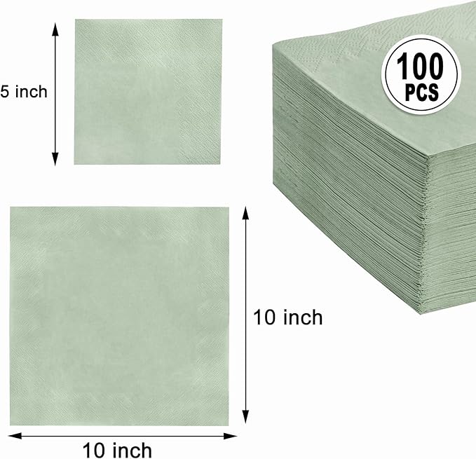 FLOWERCAT 100-Count 2-Ply Sage Green Napkins Cocktail Napkins - Green Beverage Napkins Disposable Premium Quality - 5" x 5" Paper Napkins for Party &Easter,Bar,Weddings,Birthday