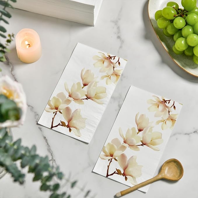 Horaldaily 200 Disposable Paper Decorative Guest Napkins, Magnolia Grandiflora Hand Towel for Party Lunch Dinner Kitchen Bathroom