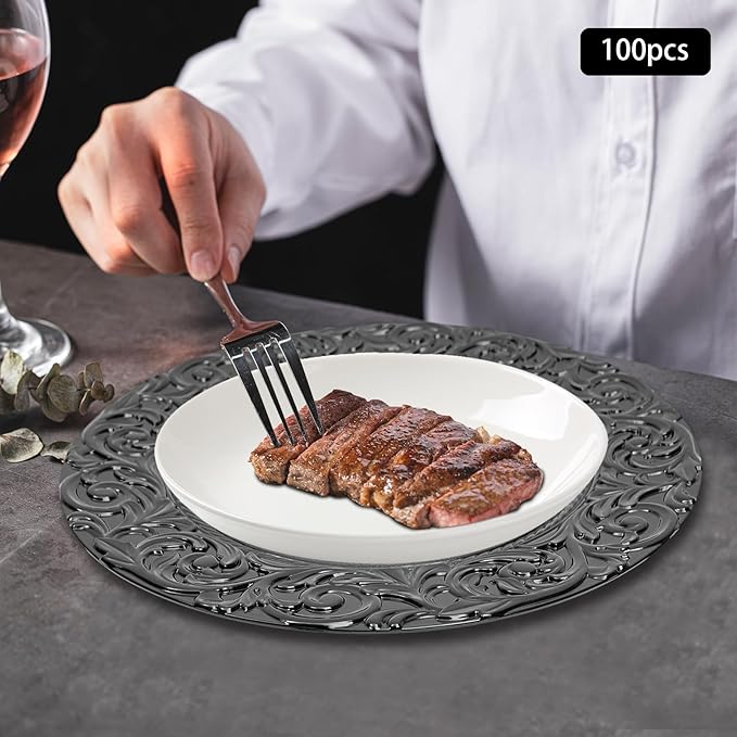 Black Plastic Charger Plates Set of 100, 13” Reusable Party Chargers for Dinner Plates, Elegant Round Service Plate Chargers Bulk Decorative for Wedding, Catering Table Decor