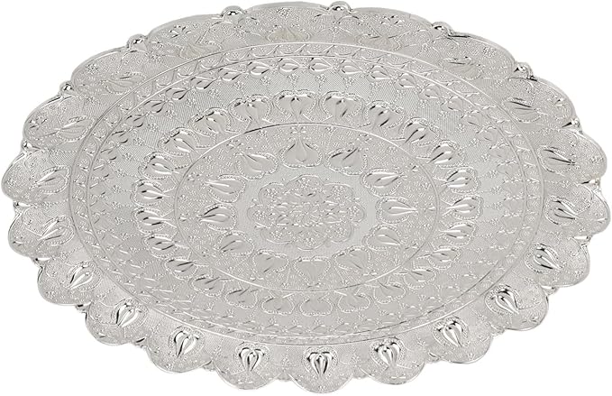 Turkish Tea Coffee Serving Tray, Vintage Style Round Metal Plate 13.8 Inch, Silver Embossed Pattern - Multi Purpose, Durable Metal Material, Ideal for Outdoor and Decorative Use (Silver)