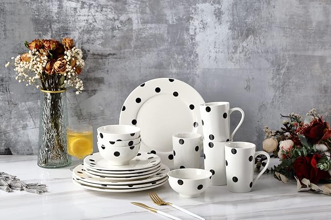 Modern Porcelain 16-Piece Dinnerware Set, Plates and Bowls Set for 4, Black Polka Dot Dinnerware,Dishwasher & Microwave Safe Ceramic Dish Set for Home Dining, Gifts