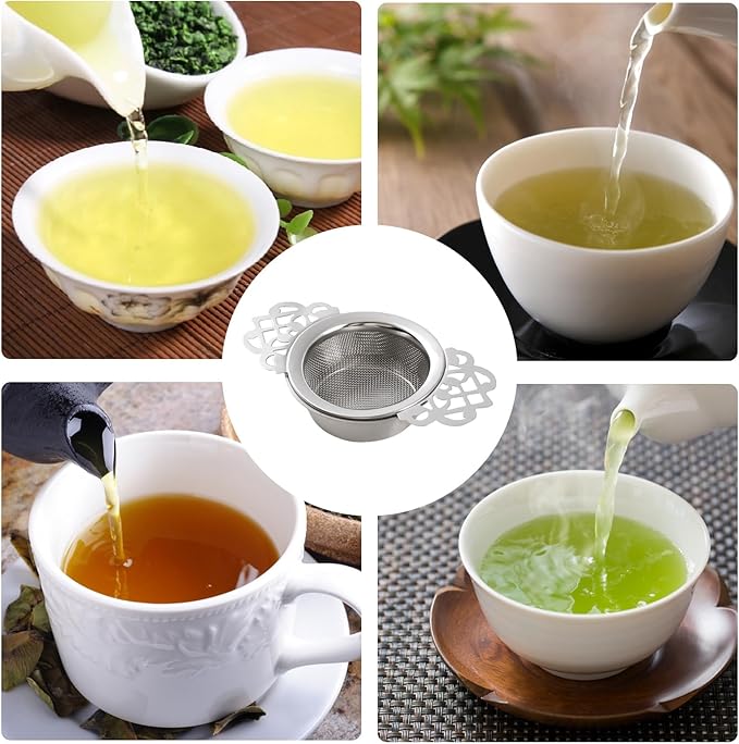 3 Pack Tea Filter Mesh 304 Stainless Steel Tea Drain Strainer 2.5 Inch Teapot Strainer With Petal Handles and Drip Bowl Tea Strainers for Loose Tea Juice Coffee Filter, Silver