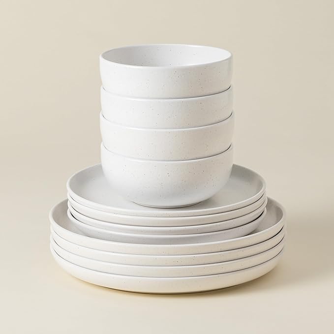 Casafina Ceramic Stoneware 12-Piece Place Setting Service for 4, Pacifica Collection, Salt White | Microwave & Dishwasher Safe Dinnerware Set | Food Safe Glazing | Restaurant Quality Tableware