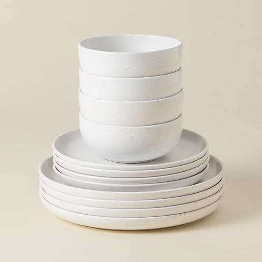 Casafina Ceramic Stoneware 12-Piece Place Setting Service for 4, Pacifica Collection, Salt White | Microwave & Dishwasher Safe Dinnerware Set | Food Safe Glazing | Restaurant Quality Tableware