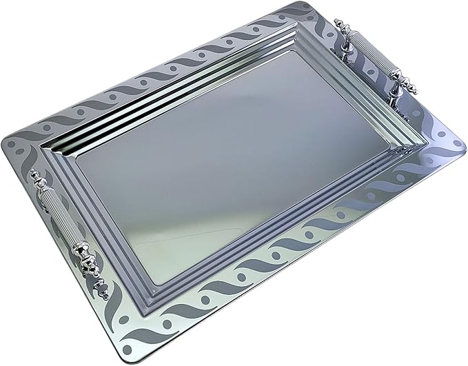 (Pack of 2) 17.9 inch x 12.9 inch Rectangular Chrome Plated Silver Serving Tray with Handles in Different Pattern Stylish Floral Engraved Decorative Party Dessert Platter Plate NC-070
