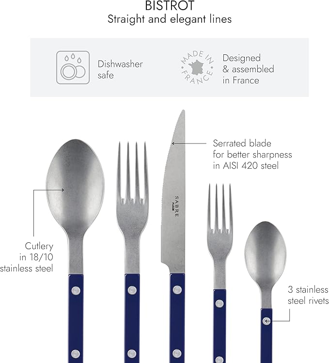 SABRE PARIS - 20-Piece Flatware Set For 4 - Bistrot Vintage Collection - Knives, Forks, Soup Spoons, Teaspoons & Dessert Forks - Stainless Steel & Nylon - Dishwasher Safe - Navy Blue - Mat Finish