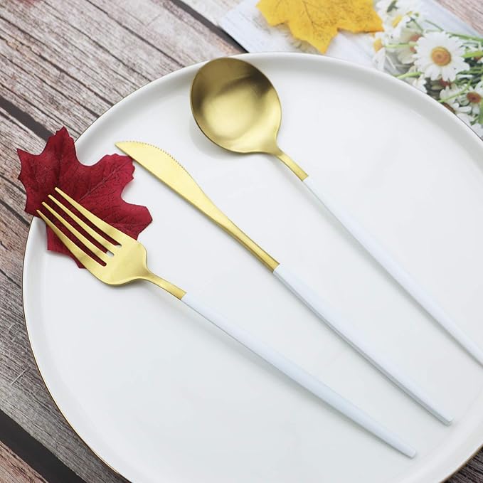 Gold Silverware Set JASHII 40 Pieces Matte Flatware Set 304 Stainless Steel Flat Cutlery Set for 8 White Handle Forks Knife Spoons Set, Satin Finish Tableware Set for Home Restaurant Dishwasher Safe