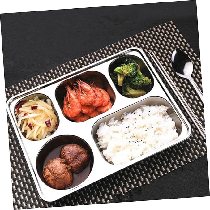 Cabilock 1pc Stainless Steel Food Plate Section Serving Tray Divided Lunch Compartment Stackable