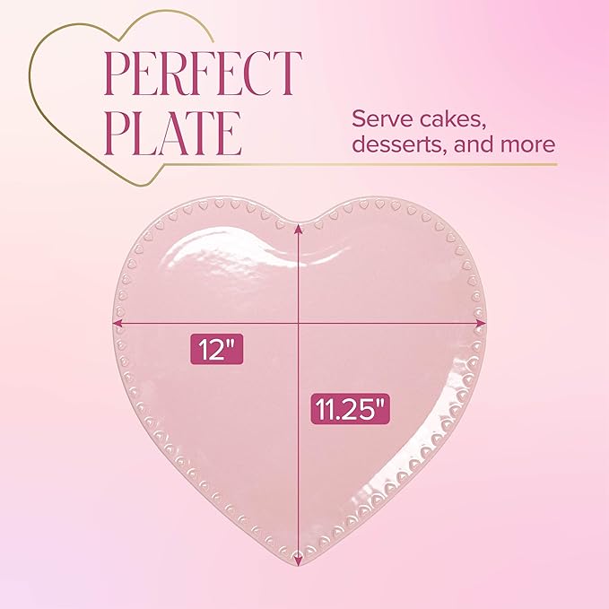Paris Hilton Heart Cake Plate, Ceramic Serving Plate for Desserts, Cakes, Pastries & Treats, Durable Pink Heart-Shaped Platter for Parties, Holidays & Home Décor, 12-Inch, Pink