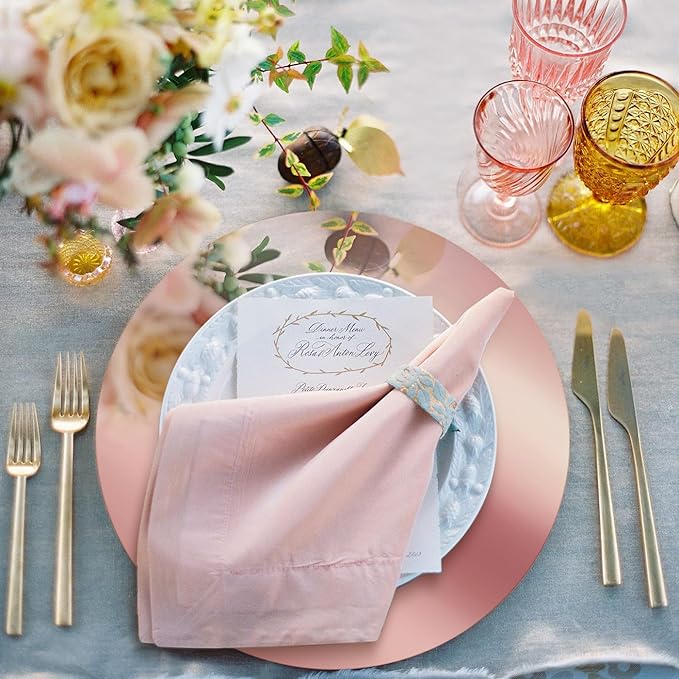 KesaPlan 100PCS Round Rose Gold Placemats, 13" Disposable Paper Placemats for Dining Table, Mirrored Rose Gold Charger Place Mat for Kitchen Banquet Table Setting Wedding Birthday Dinner Party Decor