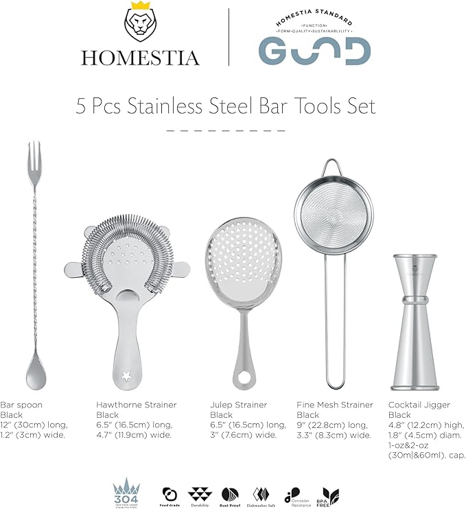 Homestia Cocktail Strainer Set – Bar tools Stainless Steel Includes Hawthorne Strainer, Julep & Fine Mesh Cocktail Strainers, Mixing Spoon – Drink Shaker Strainer for Bartending (5 Pieces, Silver)