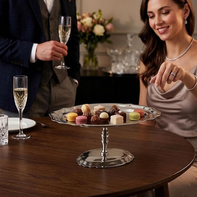 Elegant Oval Silver Serving Tray with Footed Base - 304 Stainless Steel Display Serving Platter for Desserts, Fruit, Snacks Silver Tray Oval Platter