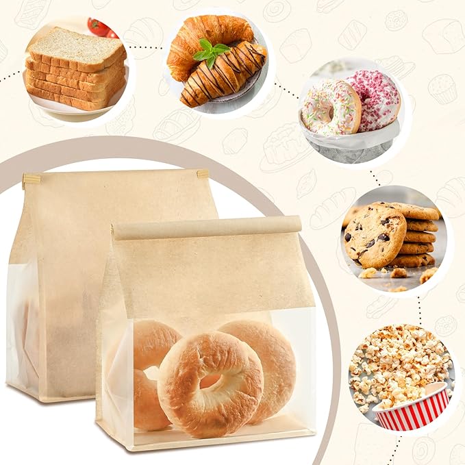 50 PCS Paper Bread Bags for Homemade Breads, 11 x 8.7 x 4.3 Inches Kraft Bakery Bags with Tin Tie Tab Lock Sourdough Bread Bags with Window Baked Foods Packaging Storage