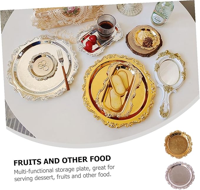 2 Pcs Stainless Steel Food Serving Trays Fruit Storage Plates for Snacks and Desserts Silver and Gold Pastry Platters for Family Restaurant Hotel Use