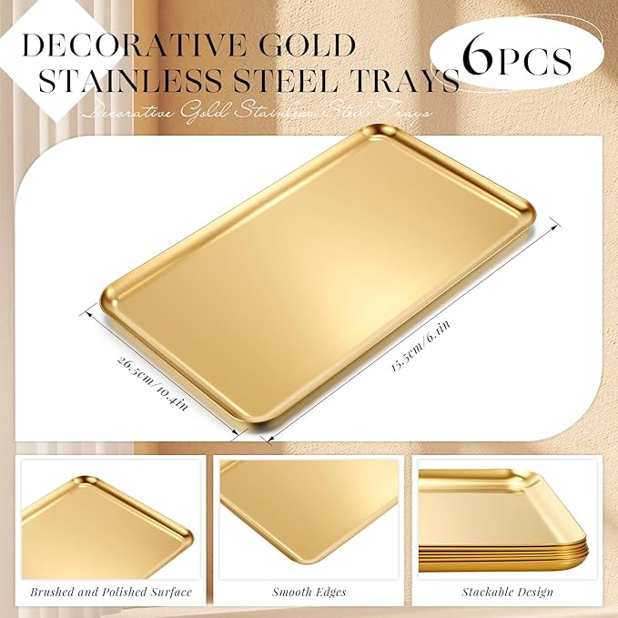 6 Pack Gold Stainless Steel Serving Platters 10.4" Rectangle Serving Tray Decorative Vanity Organizer Tray for Dining BBQ Wedding Party Buffet Appetizer Bathroom Supplies