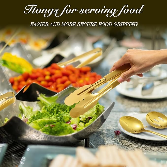 Mwellewm 14Pc Serving Utensils,Gold Stainless Steel Serving Spoons for Buffet,Fork,Tongs,Slotted Spoon,Cake Pie Server,Soup Spoon,Metal Silverware Banquet Cutlery Set for Parties Entertaining Catering