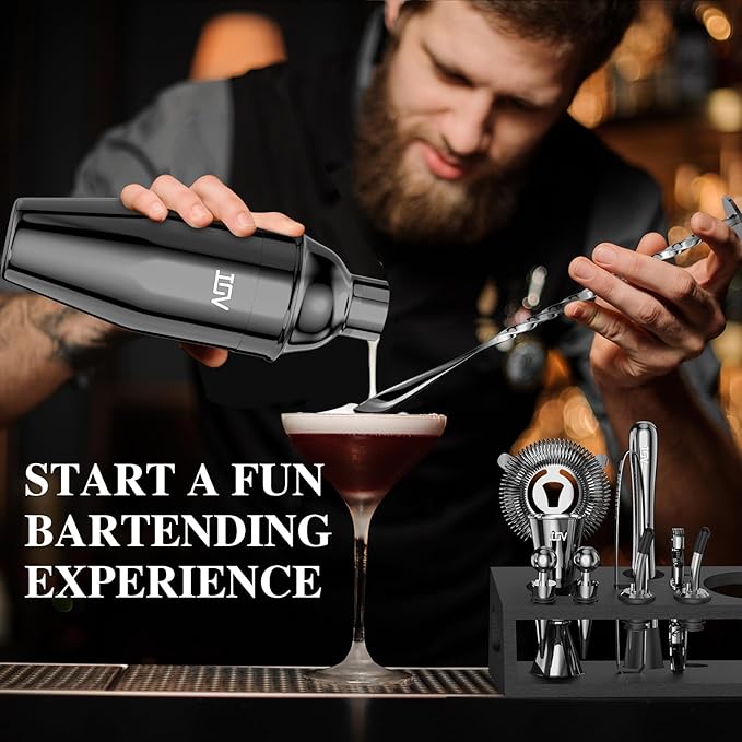 IOV Mixology Bartender Kit With Stand | 12-Piece Cocktail Shaker Set | 24oz Martini Shaker Set For Drink Mixing | Bar Set Includes All Bar Tools And Recipe Booklet | Fun Housewarming Gift (Black)