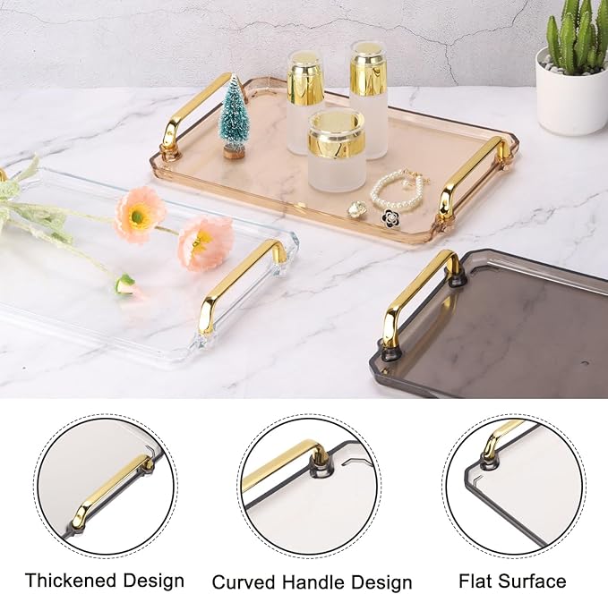 PATIKIL 12 x 8.6 Inches Plastic Serving Tray with Golden Handles, Reusable Tray Rectangular Party Platters for Dessert Coffee Tea Table, Living Room Kitchen Countertop, Gray