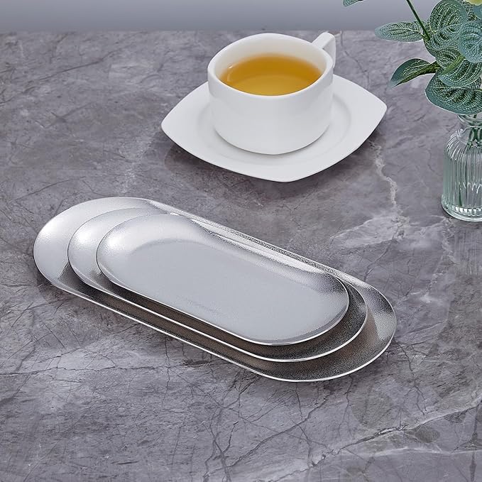10X4 inch ellipse Appetizer Plates,thick stainless steel Dinner Plates, Pasta Dessert Plates for Sushi, Fruit oven/Dishwasher Safe, Set of 4,silver